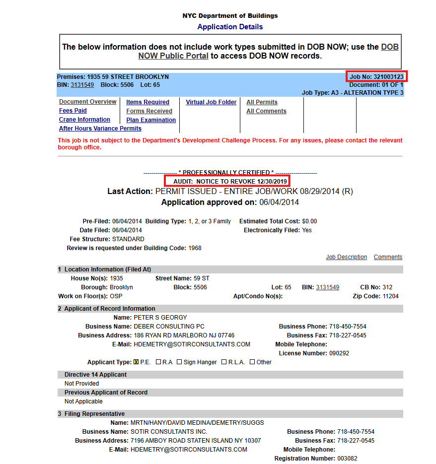 DOB record showing curb-cut permit issued