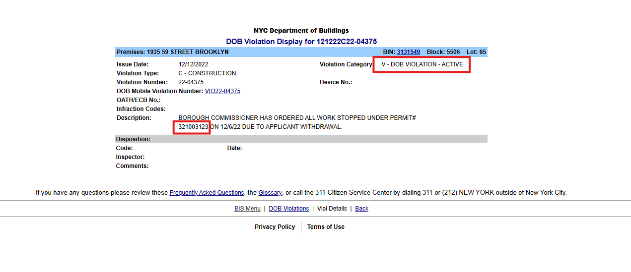 DOB active violation tied to Permit 321003123