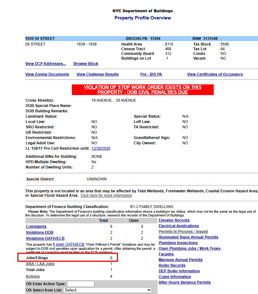 DOB property profile showing zero jobs/filings listed