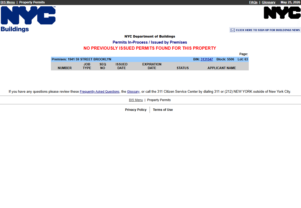 DOB permit page showing no previously issued permits found